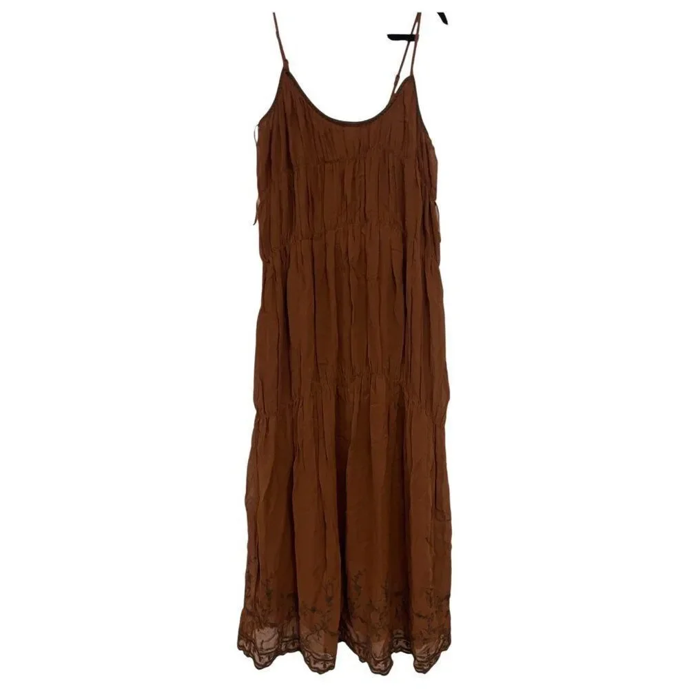 Zara ZW Womens Midi Slip Dress S Small Brown orange Embroidered 6895/058 NWT - Picture 2 of 16
